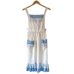 Pinafore style Apron Ivory Cream White with Blue Embroidered Trim Cottagecore